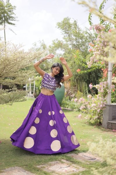 Sustainable Purple Women's Roman Silk Navratri Lehenga Set with Mirror Lace Work Navratri Lehnega Choli