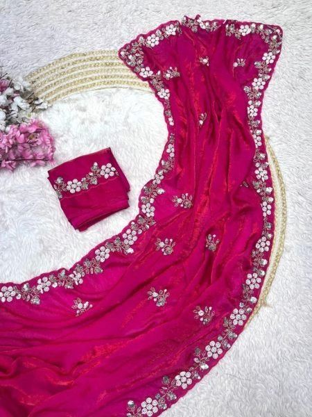 Sustainable Rani Pink Designer Fandy Satin Saree with Beautiful Sequin Brits Work 