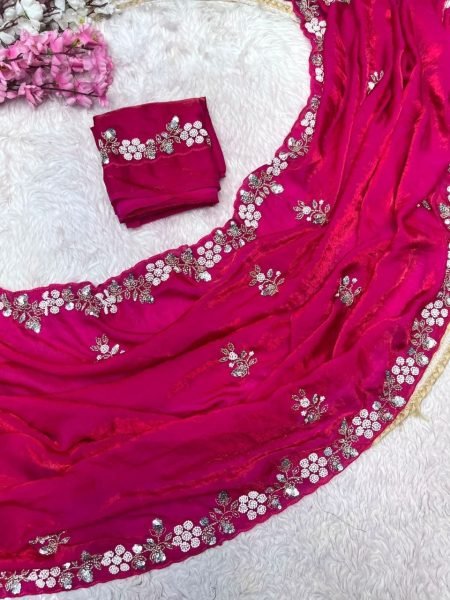 Sustainable Rani Pink Designer Fandy Satin Saree with Beautiful Sequin Brits Work  Designer Wedding Sarees Wholesale