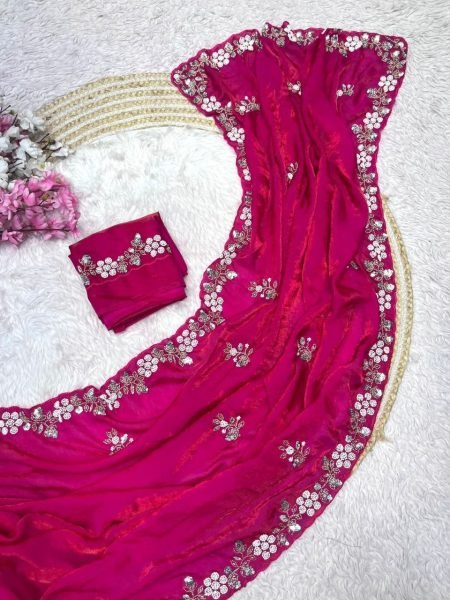 Sustainable Rani Pink Designer Fandy Satin Saree with Beautiful Sequin Brits Work  Designer Wedding Sarees Wholesale