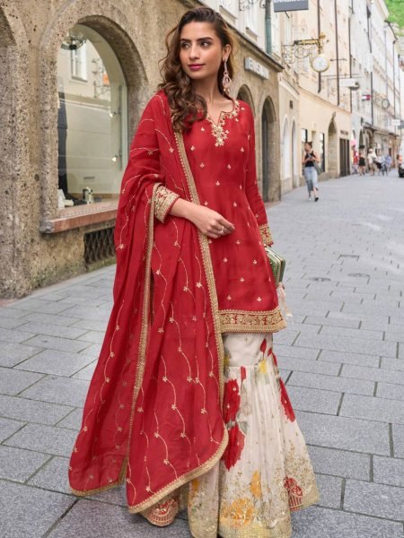 Sustainable Red Chinon Sharara Suits With Codding Work At Wholesale Rate  