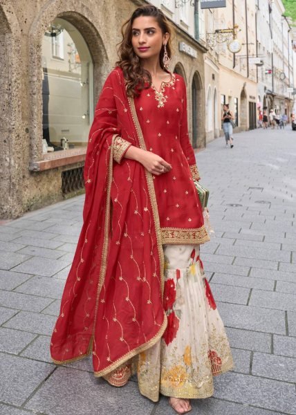 Sustainable Red Chinon Sharara Suits With Codding Work At Wholesale Rate  Ready To Wear Collection