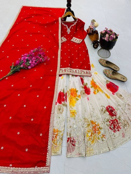 Sustainable Red Chinon Sharara Suits With Codding Work At Wholesale Rate  Ready To Wear Collection