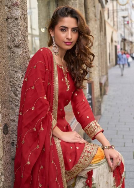 Sustainable Red Chinon Sharara Suits With Codding Work At Wholesale Rate  Ready To Wear Collection