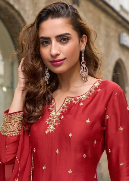 Sustainable Red Chinon Sharara Suits With Codding Work At Wholesale Rate  Ready To Wear Collection