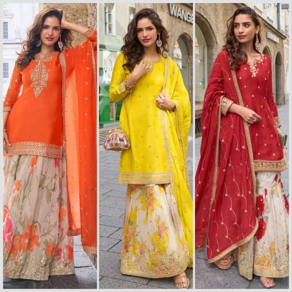 Sustainable Red Chinon Sharara Suits With Codding Work At Wholesale Rate  Ready To Wear Collection