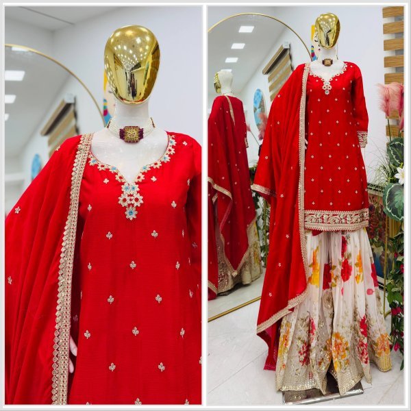 Sustainable Red Chinon Sharara Suits With Codding Work At Wholesale Rate  Ready To Wear Collection