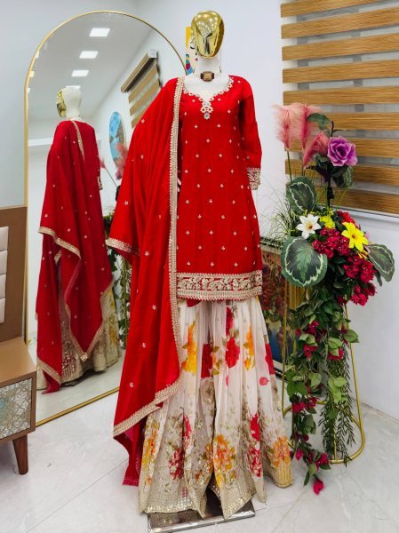 Sustainable Red Chinon Sharara Suits With Codding Work At Wholesale Rate  Ready To Wear Collection