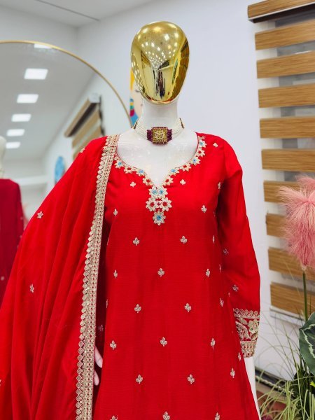 Sustainable Red Chinon Sharara Suits With Codding Work At Wholesale Rate  Ready To Wear Collection