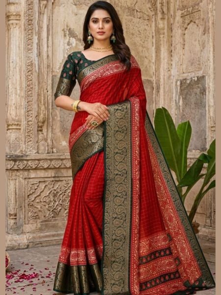 Sustainable Red Elegant Soft Dola Cotton Silk Saree with Printed Design and Zari Border Sarees 