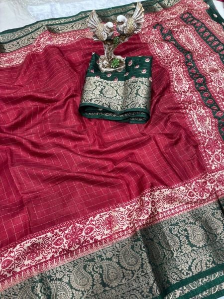Sustainable Red Elegant Soft Dola Cotton Silk Saree with Printed Design and Zari Border Cotton Sarees Wholesale