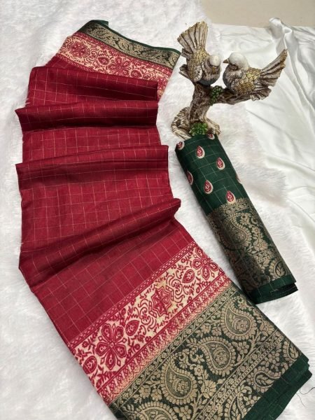 Sustainable Red Elegant Soft Dola Cotton Silk Saree with Printed Design and Zari Border Cotton Sarees Wholesale