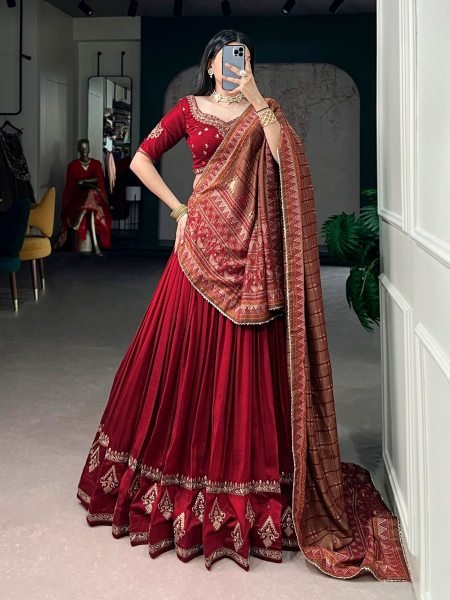 Sustainable Red Vichitra Silk Lehenga Choli with Sequins Embroidery for Wedding Wear 