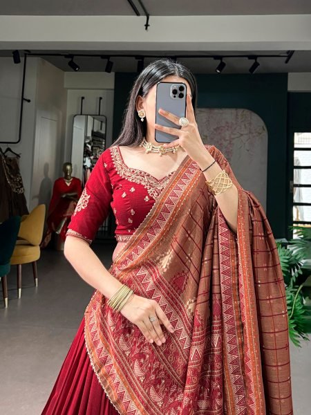 Sustainable Red Vichitra Silk Lehenga Choli with Sequins Embroidery for Wedding Wear Designer Lehenga Choli