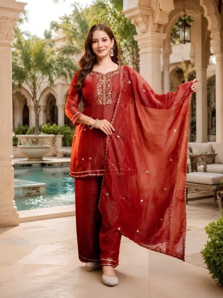 Sustainable Rust Embroidered Crunchy Kurti with Palazzo and Dupatta for Wedding Kurtis