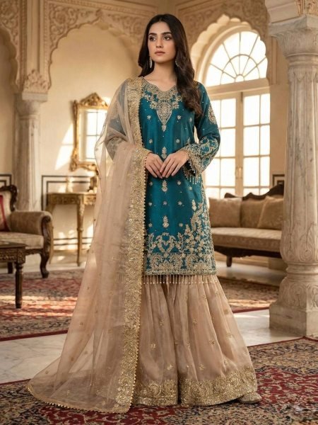 Sustainable Teal Blue GMY Silk Sharara Suit with Heavy Dori Sequence Embroidery Work Ready To Wear Suit