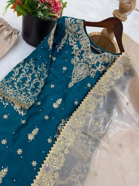 Sustainable Teal Blue GMY Silk Sharara Suit with Heavy Dori Sequence Embroidery Work Ready To Wear Collection