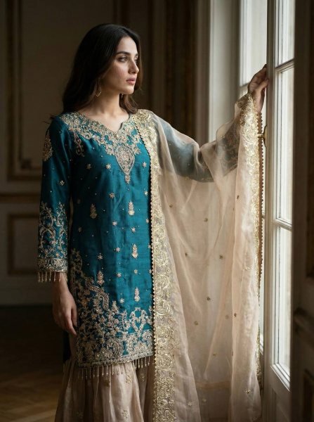 Sustainable Teal Blue GMY Silk Sharara Suit with Heavy Dori Sequence Embroidery Work Ready To Wear Collection