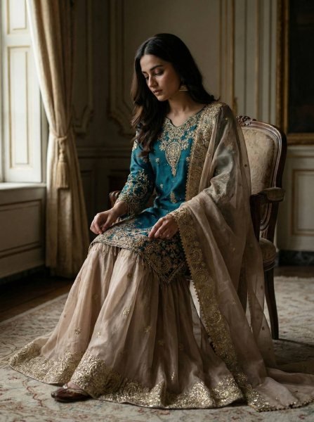 Sustainable Teal Blue GMY Silk Sharara Suit with Heavy Dori Sequence Embroidery Work Ready To Wear Collection