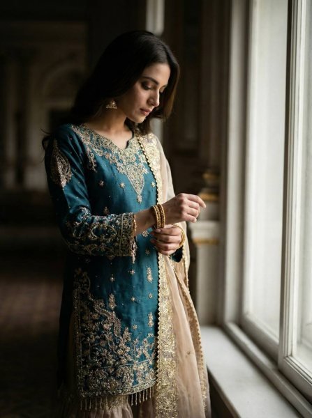 Sustainable Teal Blue GMY Silk Sharara Suit with Heavy Dori Sequence Embroidery Work Ready To Wear Collection