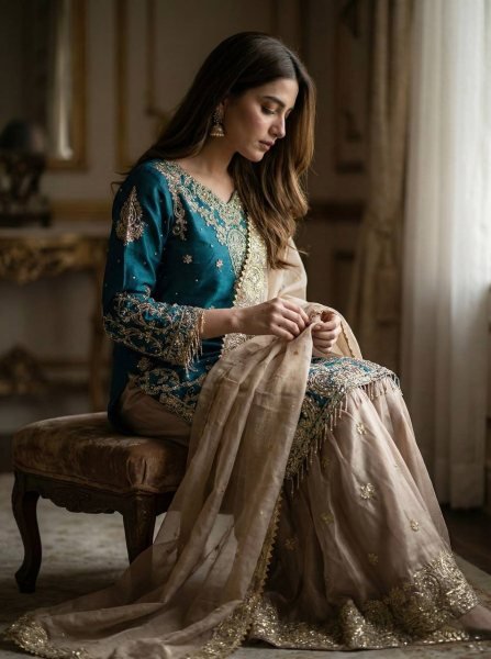 Sustainable Teal Blue GMY Silk Sharara Suit with Heavy Dori Sequence Embroidery Work Ready To Wear Collection