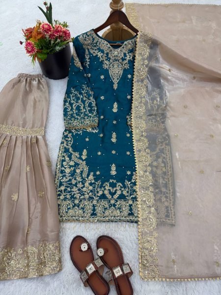 Sustainable Teal Blue GMY Silk Sharara Suit with Heavy Dori Sequence Embroidery Work Ready To Wear Collection