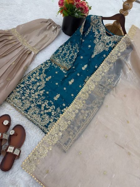Sustainable Teal Blue GMY Silk Sharara Suit with Heavy Dori Sequence Embroidery Work Ready To Wear Collection