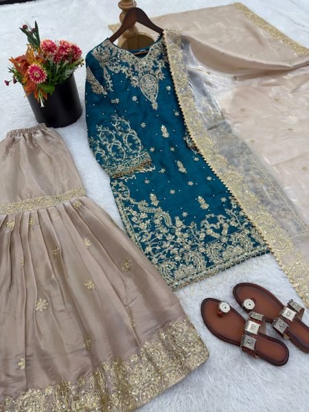 Sustainable Teal Blue GMY Silk Sharara Suit with Heavy Dori Sequence Embroidery Work Ready To Wear Collection