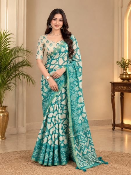 Sustainable Turquoise Erode Silk Saree with Zari Weaving and Cotton Tassels For Festival Sarees 