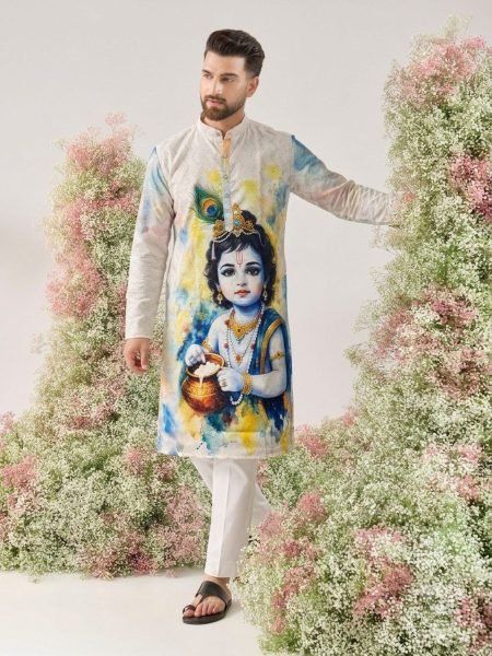 Sustainable White Men s Cotton Digital Print Kurta Pyjama with Crochet Sequins Work 