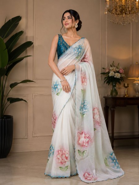 Sustainable White Soft Georgette Floral Print Saree with Handwork and Cutwork Border 