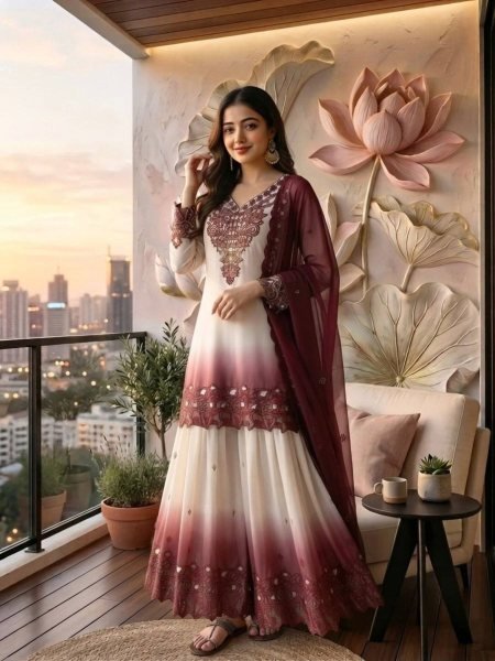 Sustainable Wine Boutique Style Dual Tone Georgette Party Wear Kurti Palazzo Suit Set 
