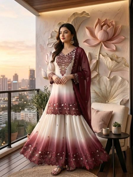Sustainable Wine Boutique Style Dual Tone Georgette Party Wear Kurti Palazzo Suit Set Ready To Wear Collection