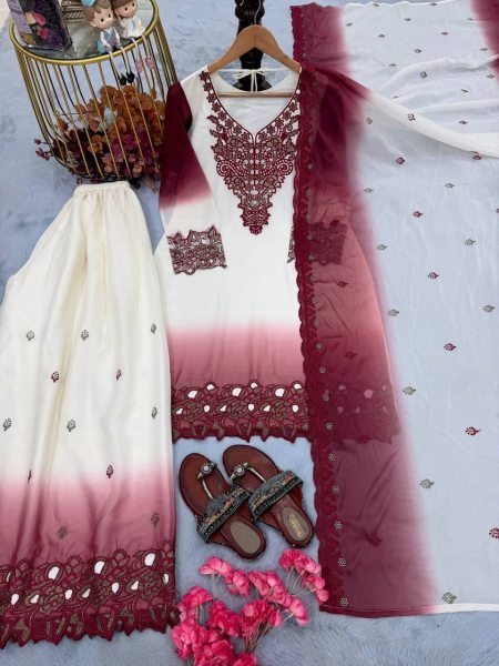 Sustainable Wine Boutique Style Dual Tone Georgette Party Wear Kurti Palazzo Suit Set Ready To Wear Collection
