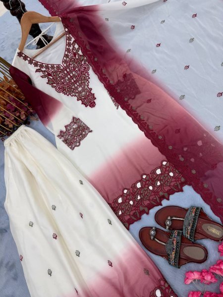 Sustainable Wine Boutique Style Dual Tone Georgette Party Wear Kurti Palazzo Suit Set Ready To Wear Collection