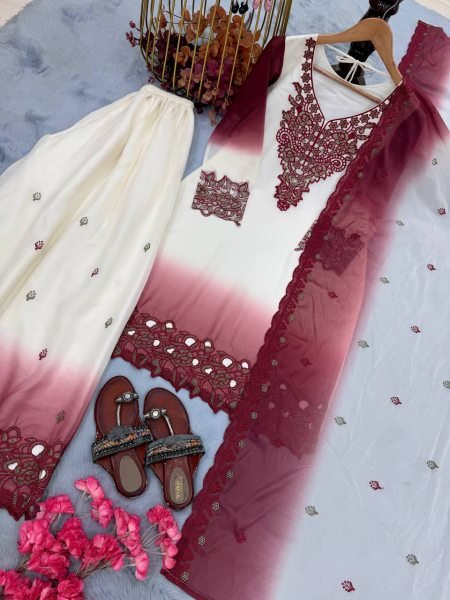 Sustainable Wine Boutique Style Dual Tone Georgette Party Wear Kurti Palazzo Suit Set Ready To Wear Collection