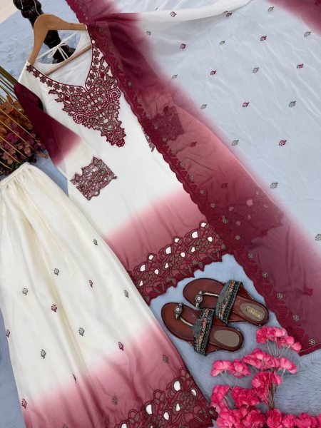 Sustainable Wine Boutique Style Dual Tone Georgette Party Wear Kurti Palazzo Suit Set Ready To Wear Collection