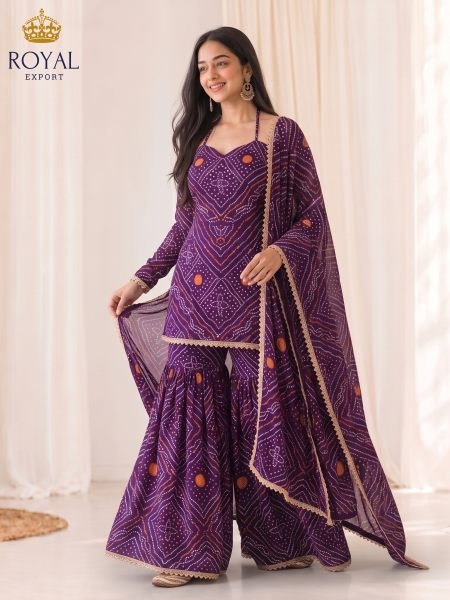 Sustainable Wine Navratri Special Georgette Printed Sharara Set for Women 