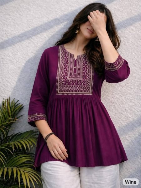 Sustainable Wine Rayon Short Kurti with Beads and Embroidery Work At Manufacturer Rate Kurtis