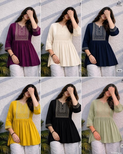 Sustainable Wine Rayon Short Kurti with Beads and Embroidery Work At Manufacturer Rate Tunics kurti