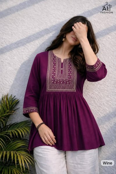 Sustainable Wine Rayon Short Kurti with Beads and Embroidery Work At Manufacturer Rate Tunics kurti