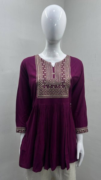 Sustainable Wine Rayon Short Kurti with Beads and Embroidery Work At Manufacturer Rate Tunics kurti