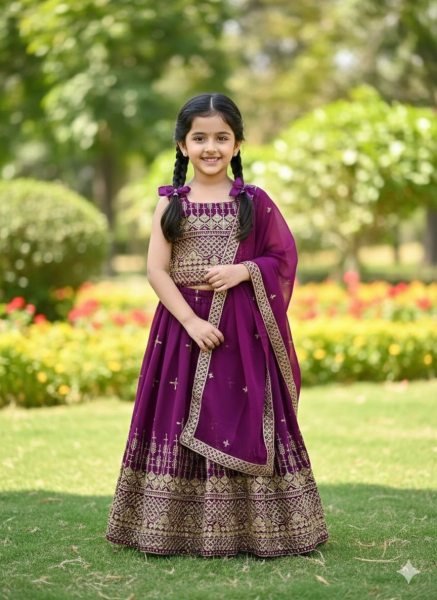 Sustainable Wine Silk-Blend Festive Lehenga Set with Intricate Zari Work  Girls Wear