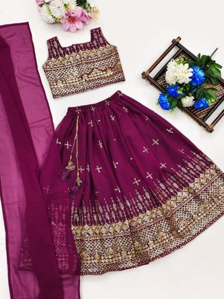 Sustainable Wine Silk-Blend Festive Lehenga Set with Intricate Zari Work  Girls Wear
