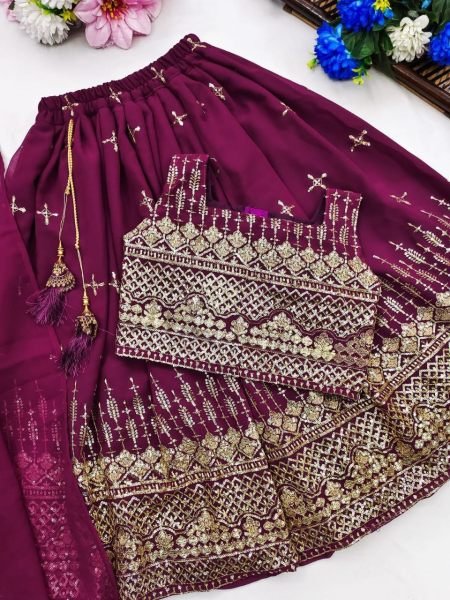 Sustainable Wine Silk-Blend Festive Lehenga Set with Intricate Zari Work  Girls Wear