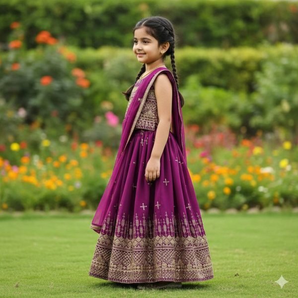 Sustainable Wine Silk-Blend Festive Lehenga Set with Intricate Zari Work  Girls Wear