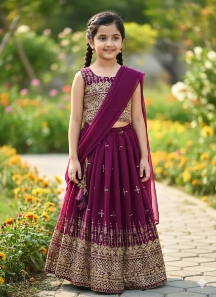Sustainable Wine Silk-Blend Festive Lehenga Set with Intricate Zari Work  Girls Wear