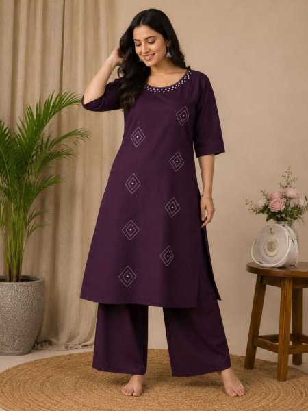  Sustainable Wine Soft Cotton Kurta Plazo Set for Office Wear