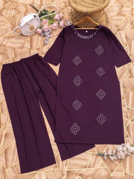  Sustainable Wine Soft Cotton Kurta Plazo Set for Office Wear Cotton Kurtis Wholesale