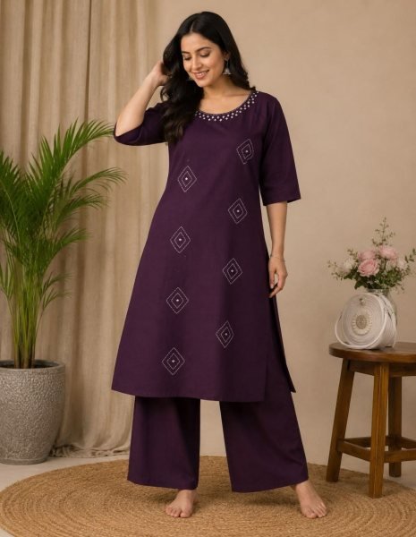 Sustainable Wine Soft Cotton Kurta Plazo Set for Office Wear Cotton Kurtis Wholesale
